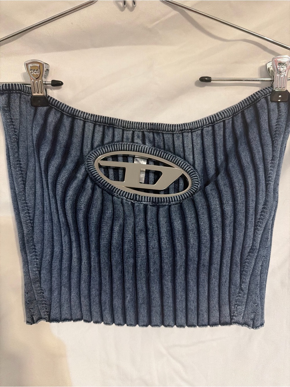 Diesel Navy Ribbed Tube Top with Silver Logo Cutout - Picture 2 of 5